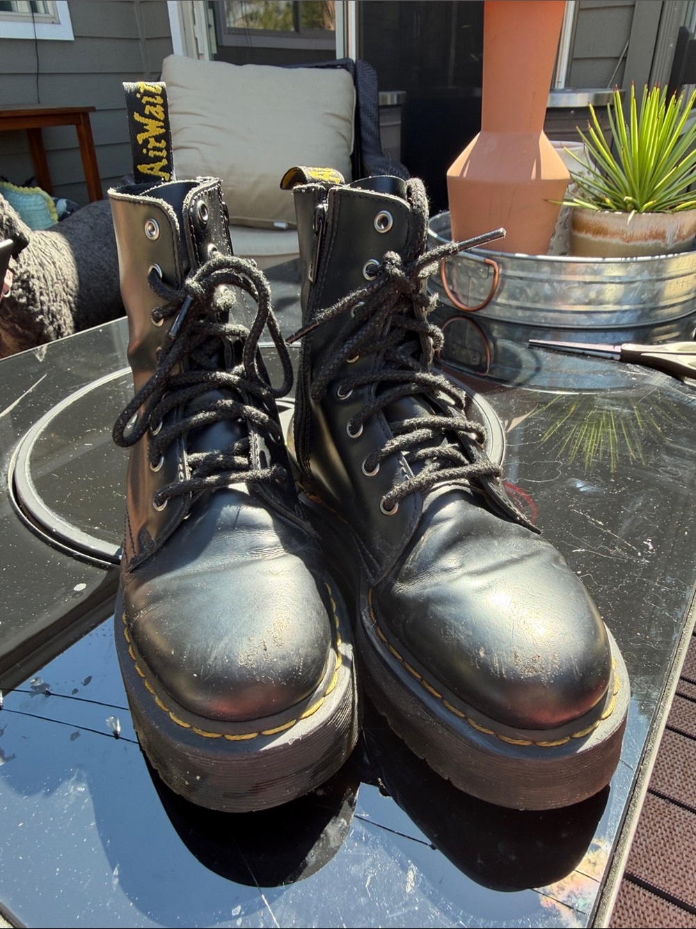 Dr. Martens Black Platform Lace-Up Boots with Yellow Heel Loop - Picture 2 of 11